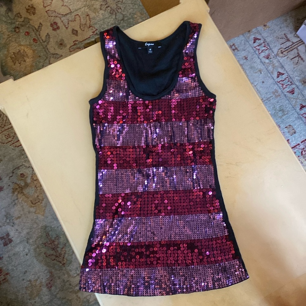 Vintage 2007 y2k Ribbed Tank Sz Medium Pink Purple Sequins Going Out Top Express